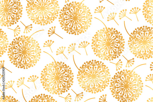 Elegant gold geometric dandelion flowers on white.