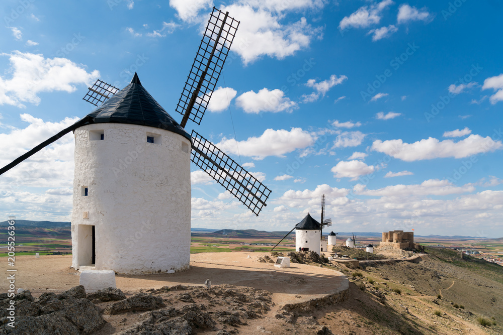 Madrid travel destination. Landscape of windmills of Don Quixote. Historical building in Cosuegra area near Madrid, Spain.