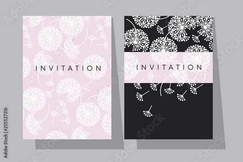 Pale rose and black dandelion flowers card template.