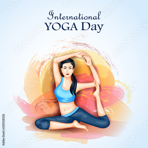 Illustration of woman doing yoga pose on poster design for celebrating International Yoga Day