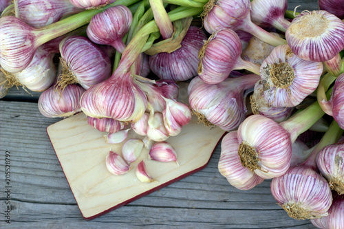 Garlic on a wooden board.