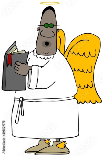 Illustration of a black angel wearing shades singing while holding an open hymnbook.