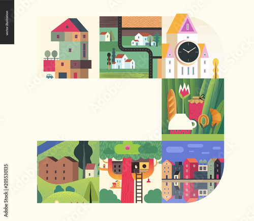 Simple things - houses - flat cartoon vector illustration of colorful countryside house, treehouse, tower clock, church, tee meal, country, farm land, canal bank - houses composition