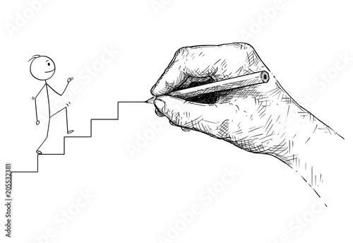 Cartoon stick man drawing conceptual illustration of businessman walking up the stairs and big hand preparing or drawing the way for him. Business concept of education, mentoring or mentorship.