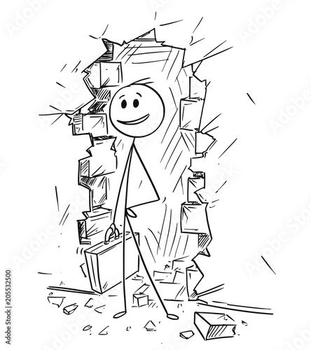 Cartoon stick man drawing conceptual illustration of businessman coming through the brick wall hole. Business concept of obstacle and solution.