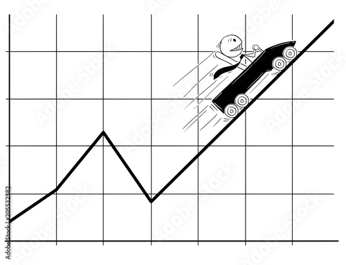 Cartoon stick man drawing conceptual illustration of businessman in roller coaster moving fast up on the chart or graph. Business concept of success and growth.