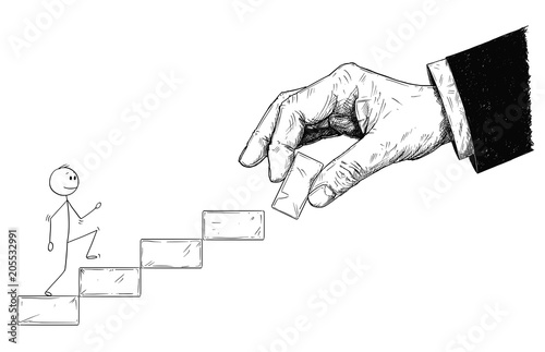 Cartoon stick man drawing conceptual illustration of businessman walking up the stairs and big hand preparing and construction staircase or way for him. Business concept of education, mentoring or