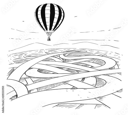 Cartoon drawing conceptual illustration of hot air balloon flying over maze or chaos of roads. Business concept of easy way and creative solution.