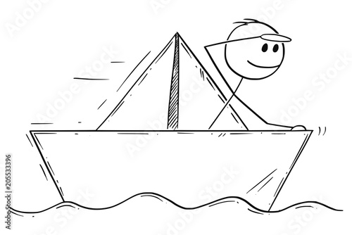 Cartoon stick man drawing conceptual illustration of businessman sailing paper ship or boat. Business concept of risk, market fragility and vulnerability.