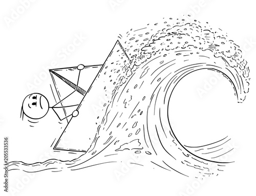 Cartoon stick man drawing conceptual illustration of businessman sailing paper ship or boat on high wave in stormy weather. Business concept of risk and crisis.