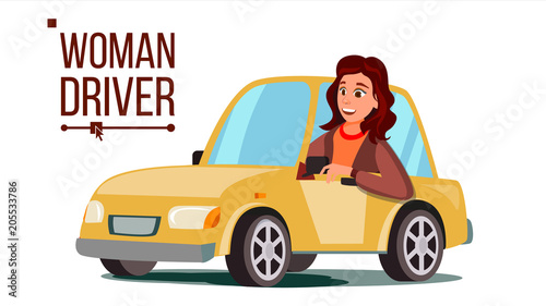 Woman Driver Vector. Sitting In Modern Automobile. Buy A New Car. Driving School Concept. Happy Female Motorist. Isolated Flat Cartoon Character Illustration
