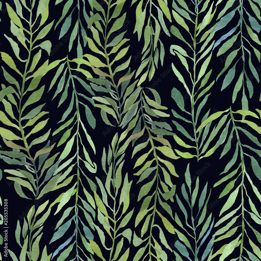 Green small leaves watercolor seamless pattern on black background. Green small leaves watercolor seamless pattern on black background.
