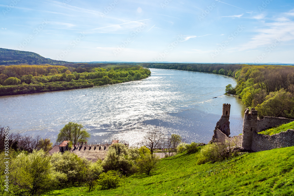 The Danube and Morava river together near the Devin castle, Slovakia. Summer weather, blue sky
