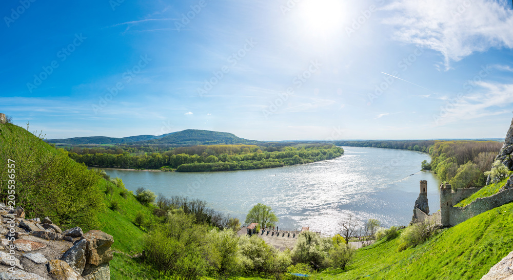 The Danube and Morava river together near the Devin castle, Slovakia. Summer weather, blue sky