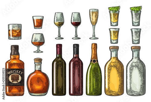 Set glass and bottle whiskey, wine, tequila, cognac, champagne. Vector engraving