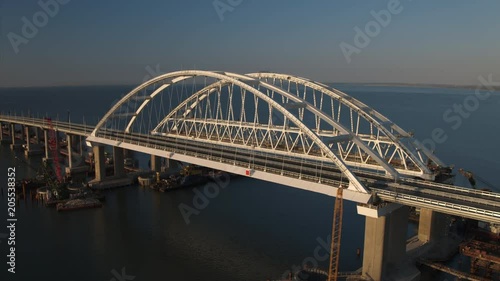 Aerial view of The Crimean Bridge, Kerch Bridge, colloquially the Kerch Strait Bridge with road and rail passages across the Kerch Strait, which will connect the Taman