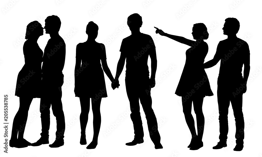 Set of realistic vector silhouettes of young girl and man embracing and kissing