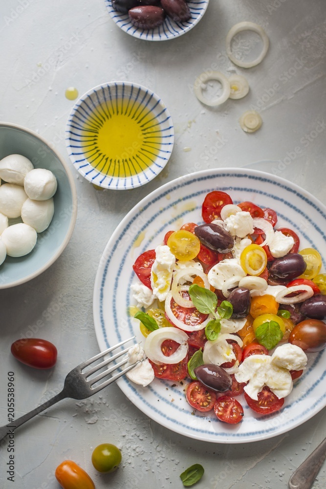 Mozzarella and tomato salad with olives, onion, basil and olive oil Mozzarella and tomato salad with olives, onion, basil and olive oil