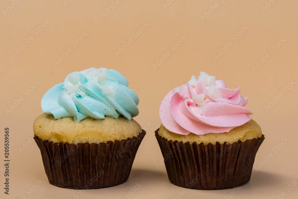 sweet cup cake dessert on yellow background and copy space