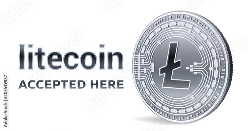 Litecoin. Accepted sign emblem. Crypto currency. Silver coin with Litecoin symbol isolated on white background. 3D isometric Physical coin with text Accepted Here. Stock vector illustration.