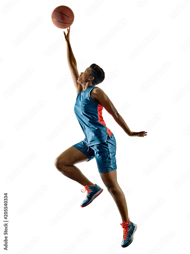 Fototapeta premium one african Basketball players woman teenager girl isolated on white background with shadows