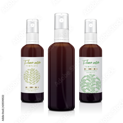 Set of realistic brown bottle with atomizer. Mock up bottle cosmetic or medical vial, flask, flacon 3d illustration