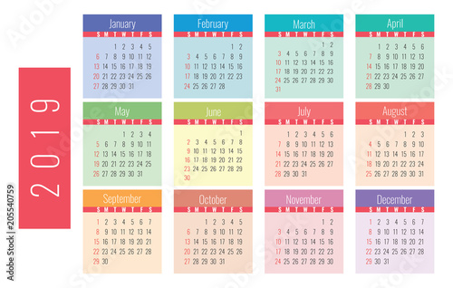 Calendar 2019 vector basic grid. Colorful  color. Pocket. Simple design template