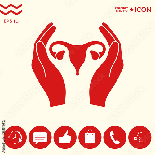 Hands holding Female uterus - protection icon