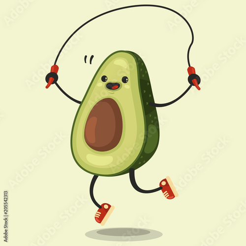Cute Avocado cartoon character makes the jump rope exercises. Vector cartoon flat illustration isolated on background. Eating healthy and fitness.