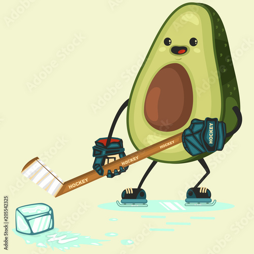 Cute Avocado cartoon characters to play hockey with a piece of ice. Vector cartoon flat illustration isolated on background. Eating healthy and fitness.