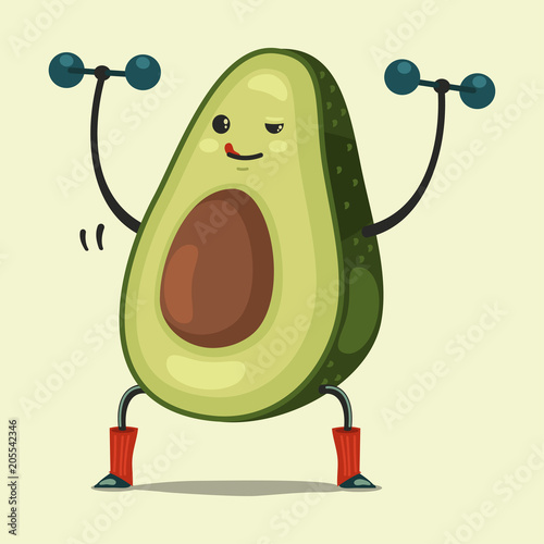 Cute Avocado cartoon character doing exercises with dumbbells. Vector cartoon flat illustration isolated on background. Eating healthy and fitness.