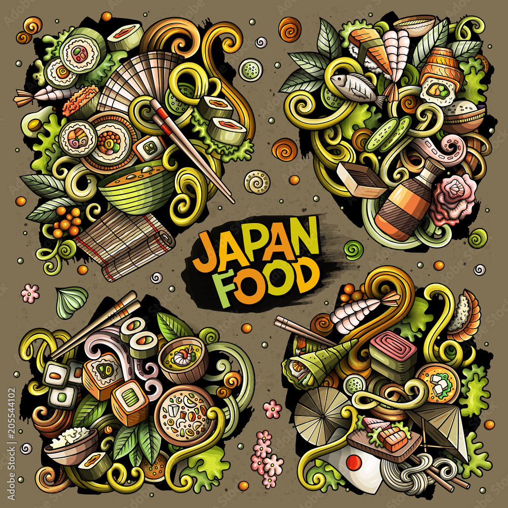 Colorful vector hand drawn doodles cartoon set of Japan food combinations of objects and elements