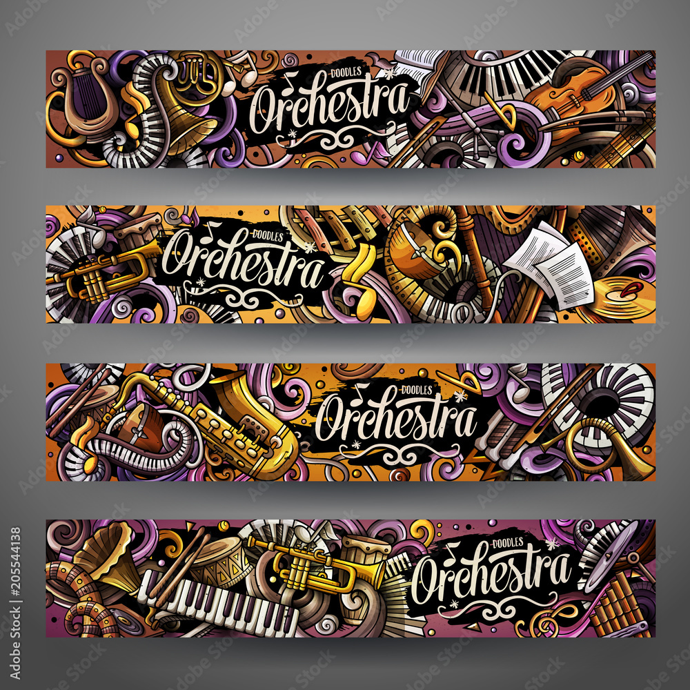 Cartoon cute colorful vector hand drawn doodles Classic music banners