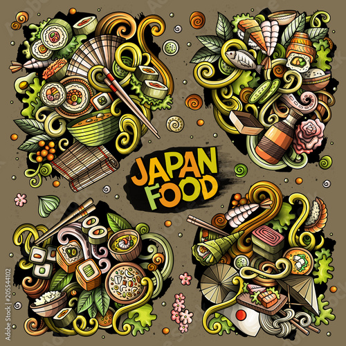 Colorful vector hand drawn doodles cartoon set of Japan food combinations of objects and elements