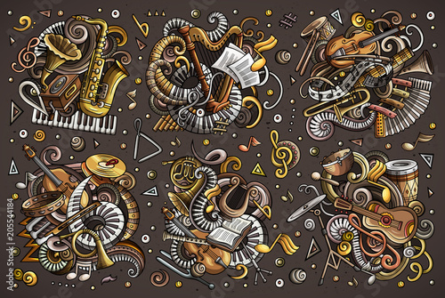 Colorful vector doodles cartoon set of classical musical instruments objects combinations