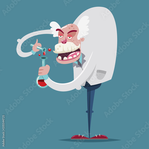Mad scientist chemist in a laboratory suit and with a glass test tube makes a scientific experiment. Vector cartoon character of an old professor.