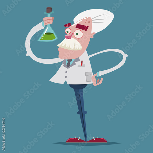 Cute scientist chemist in a laboratory suit is holding a glass test tube in his hand. Vector cartoon character of an old professor.