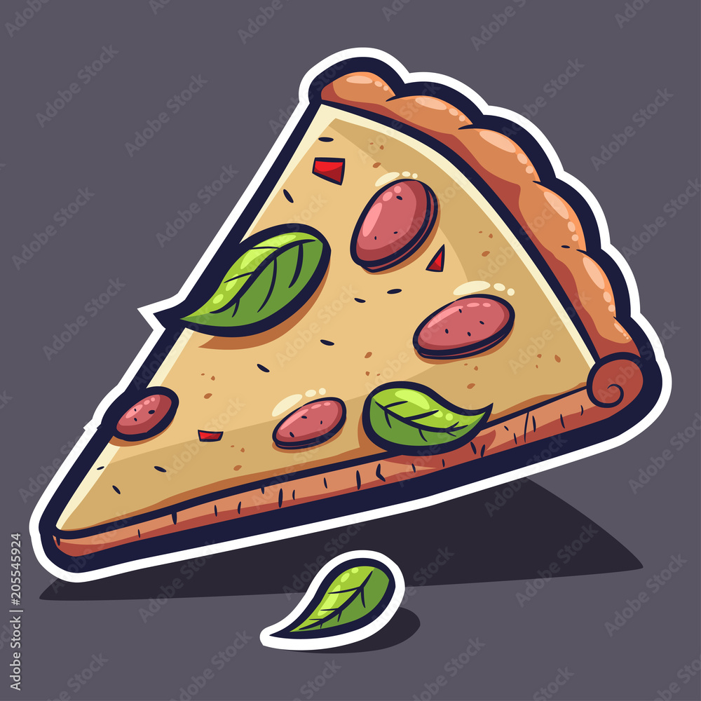 Pizza slice with cheese and basil. Vector cartoon illustration isolated on background. Pizza slice with cheese and basil. Vector cartoon illustration isolated on background.