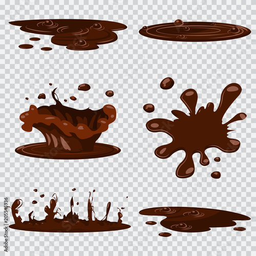 Puddle mud vector cartoon set isolated on transparent background. Chocolate splash icon collection.