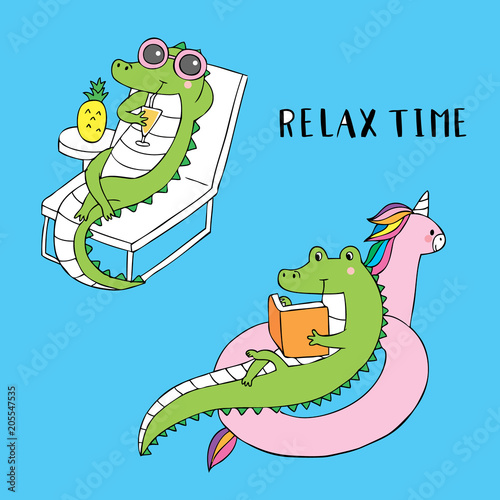 Cartoon cute relax time crocodile vector.