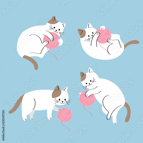 Cartoon cute actions cat playing pink yarn vector.