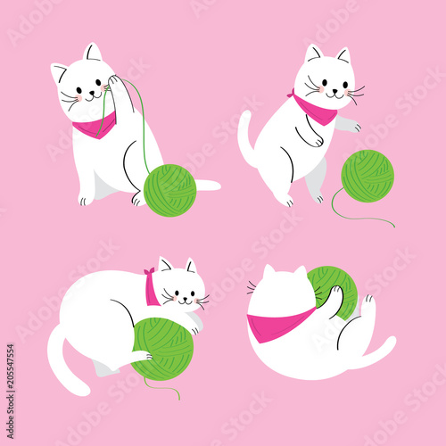 Cartoon cute actions cat playing green yarn vector.