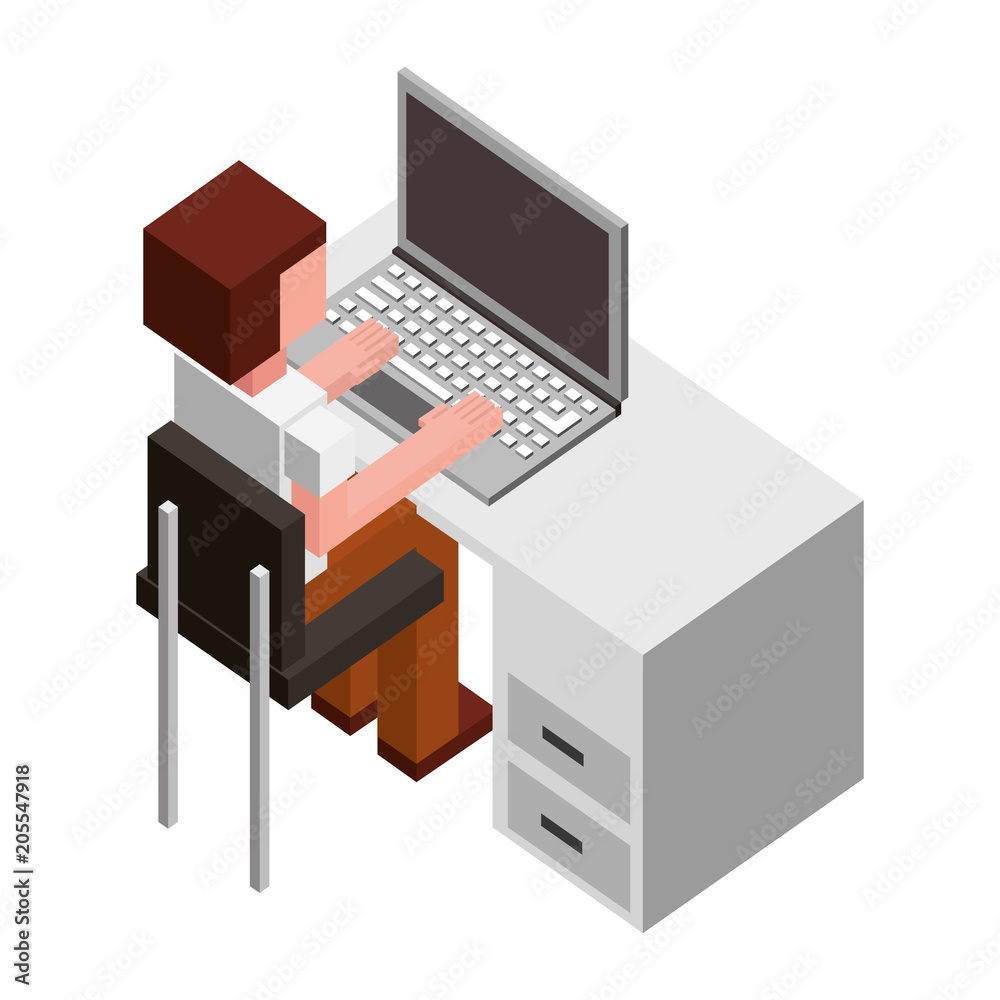 man sitting in chair with office desk and laptop computer isometric icon vector illustration design man sitting in chair with office desk and laptop computer isometric icon vector illustration design