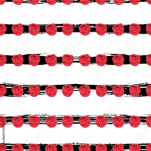 Seamless pattern of realistic one fresh raspberry fruit on strips. Red berry pattern. Exotic summer raspberry texture. Summer background. Textile decoration with fruits. Organic print.