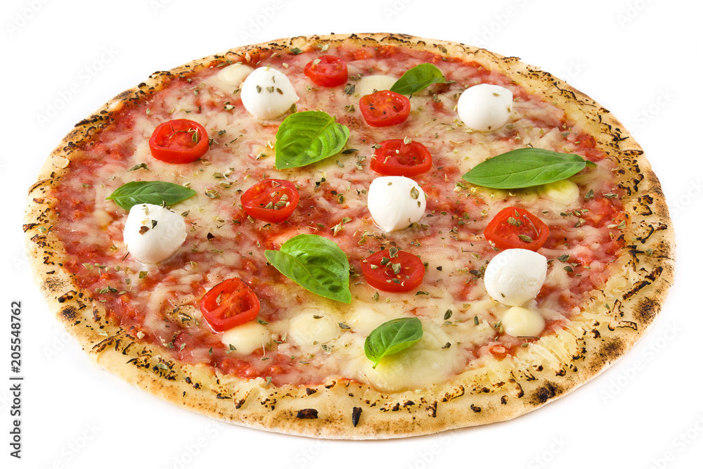 Pizza with tomatoes, cheese and basil isolated on white background

