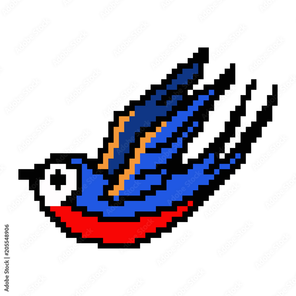 Pixel art tattoo retro swallow. Vector 8 bit game animal character isolated on white background.