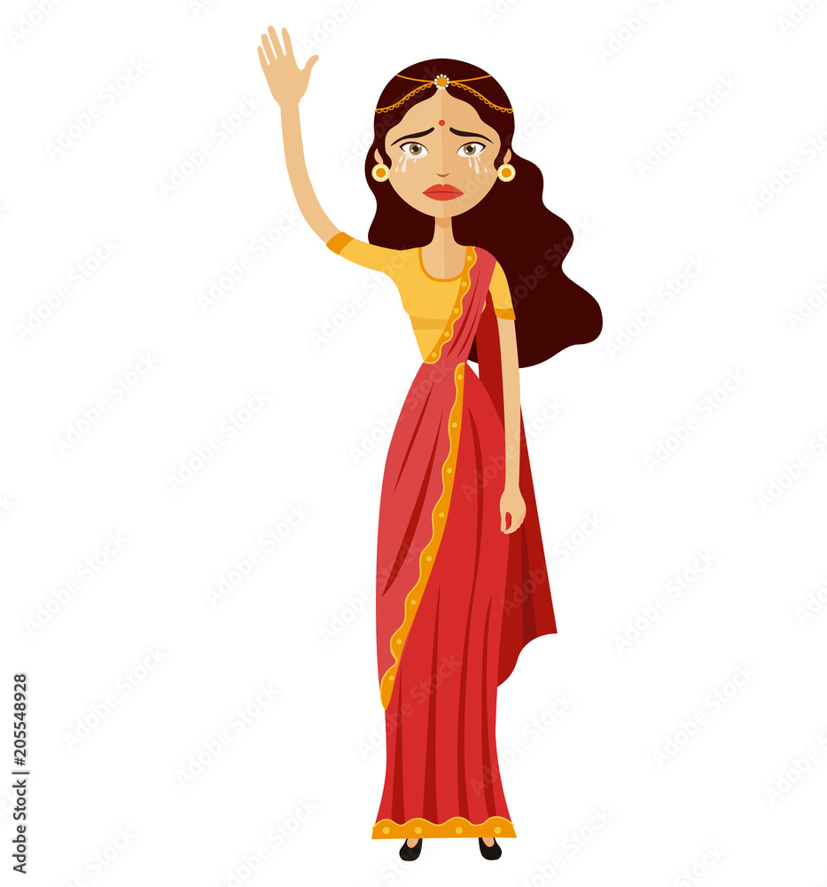 India crying business woman waving hand goodbye emotion cartoon vector 