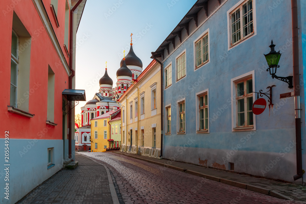 Cozy street and Russian Orthodox Alexander Nevsky Cathedral in the morning, Tallinn, Estonia