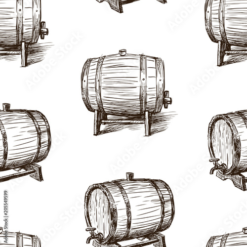 Seamless background of the sketches of wine casks