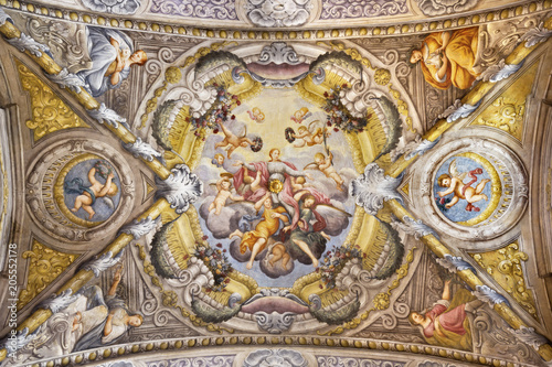 PARMA, ITALY - APRIL 16, 2018: The ceiling fresco with the Apotheosis of St. Lucy in church Chiesa di Santa Lucia by Alessandro Baratta (1637-1714).